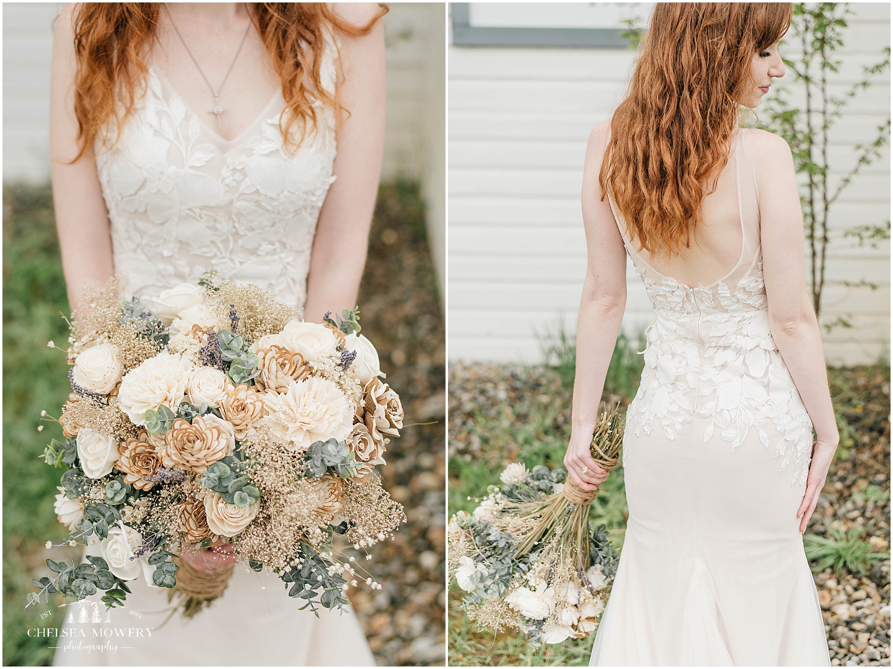 lace wedding dress | wooden flower bouquet
